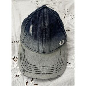 True Religion Denim Hat Unisex Blue Distressed Horseshoe Strapback Y2K Cap